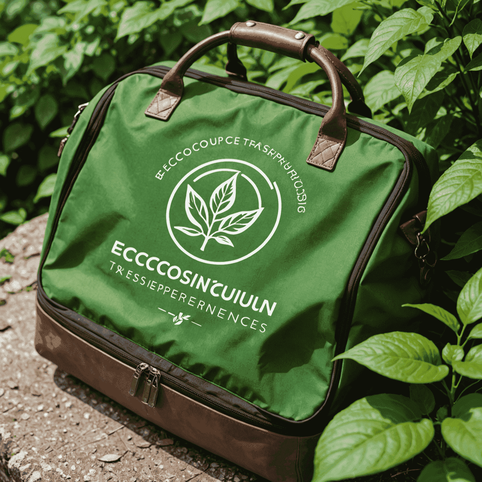 EcoConsciousTravelExperiences logosu - Yeşil yapraklar ve seyahat çantası