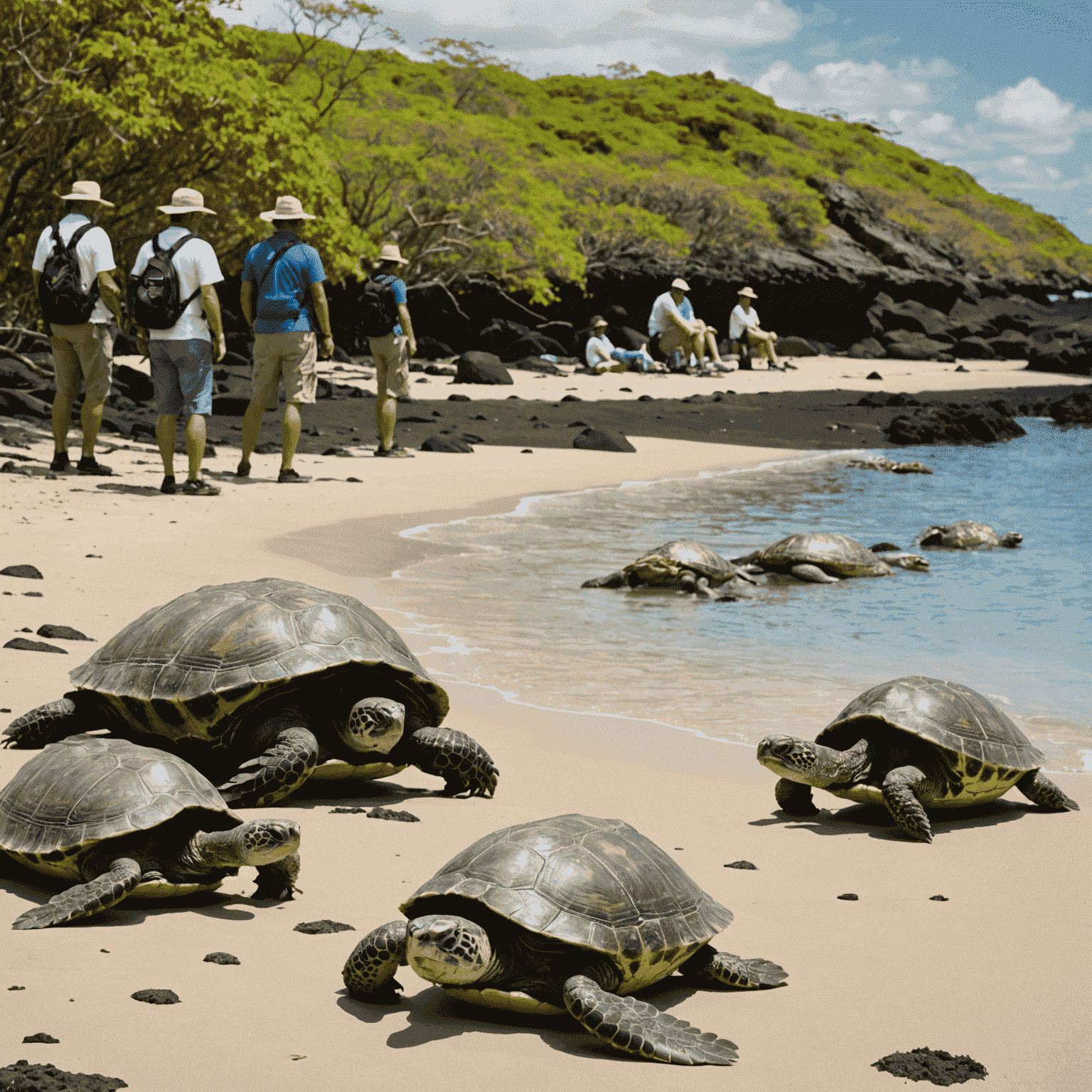 Galapagos Adaları'nda deniz kaplumbağaları ve iguanaları gözlemleyen ekoturistler